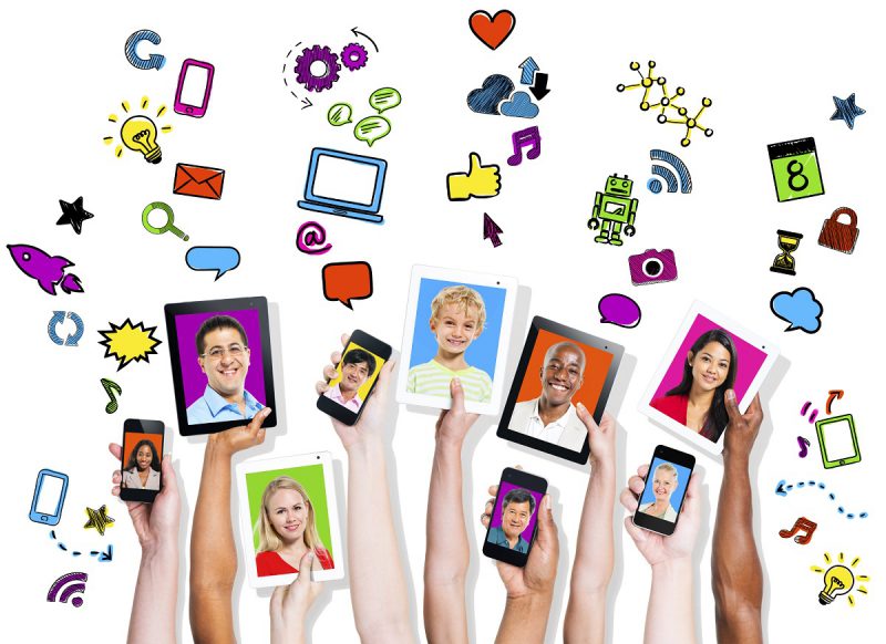 online sharing hand holding various devices