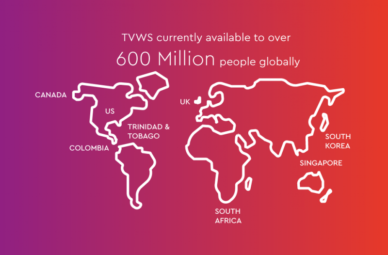 Rollouts of TV White Space map showing successful rollouts of TV White Space around the world