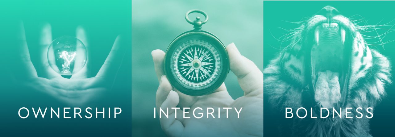 Our Values - Ownership, Integrity, Boldness Image of our our Values - Ownership wording with hand image, Integrity wording with compass image, Boldness wording with tiger image
